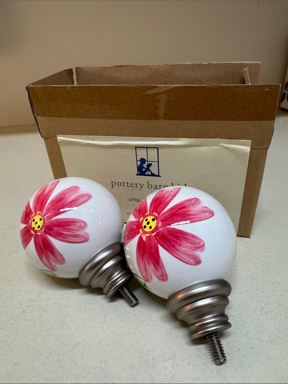 Pottery Barn Kids White Ceramic Finials with Pink Flower Motif